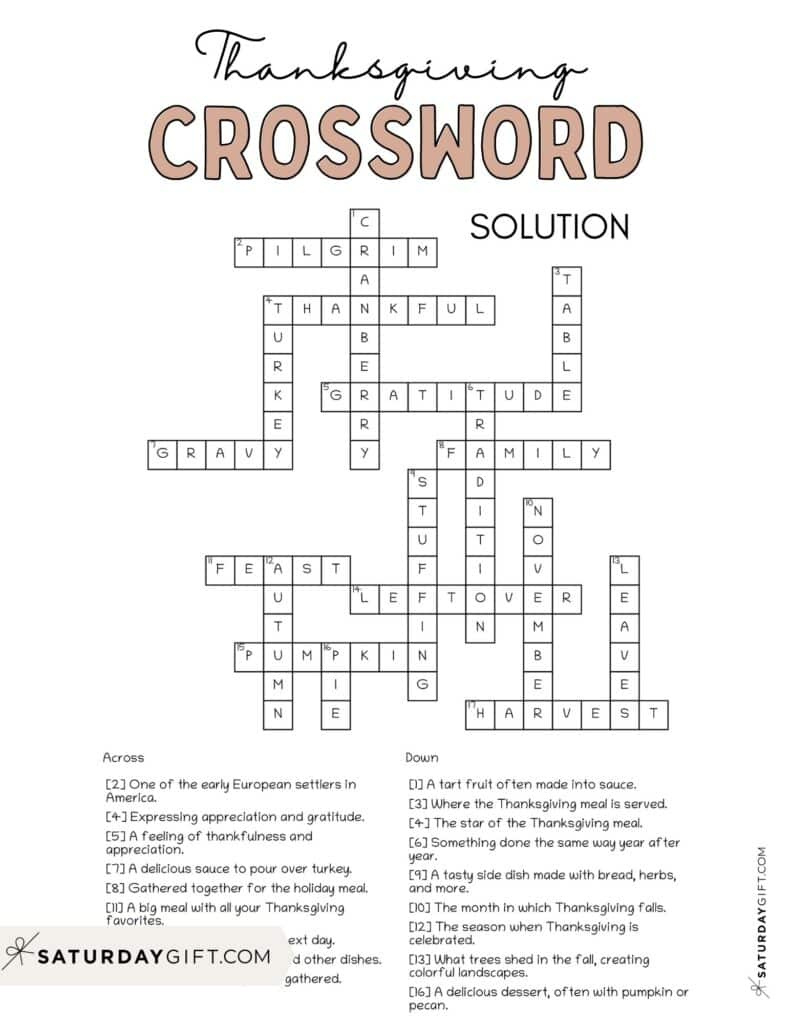 Thanksgiving Crossword Puzzle - Cute &amp;amp; Free Printable | Saturdaygift intended for Free Printable Thanksgiving Crossword Puzzles Adults