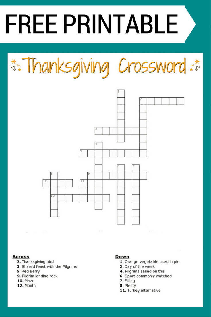 Thanksgiving Crossword Puzzle Free Printable For Kids Or Adults pertaining to Thanksgiving Day Crossword Printables