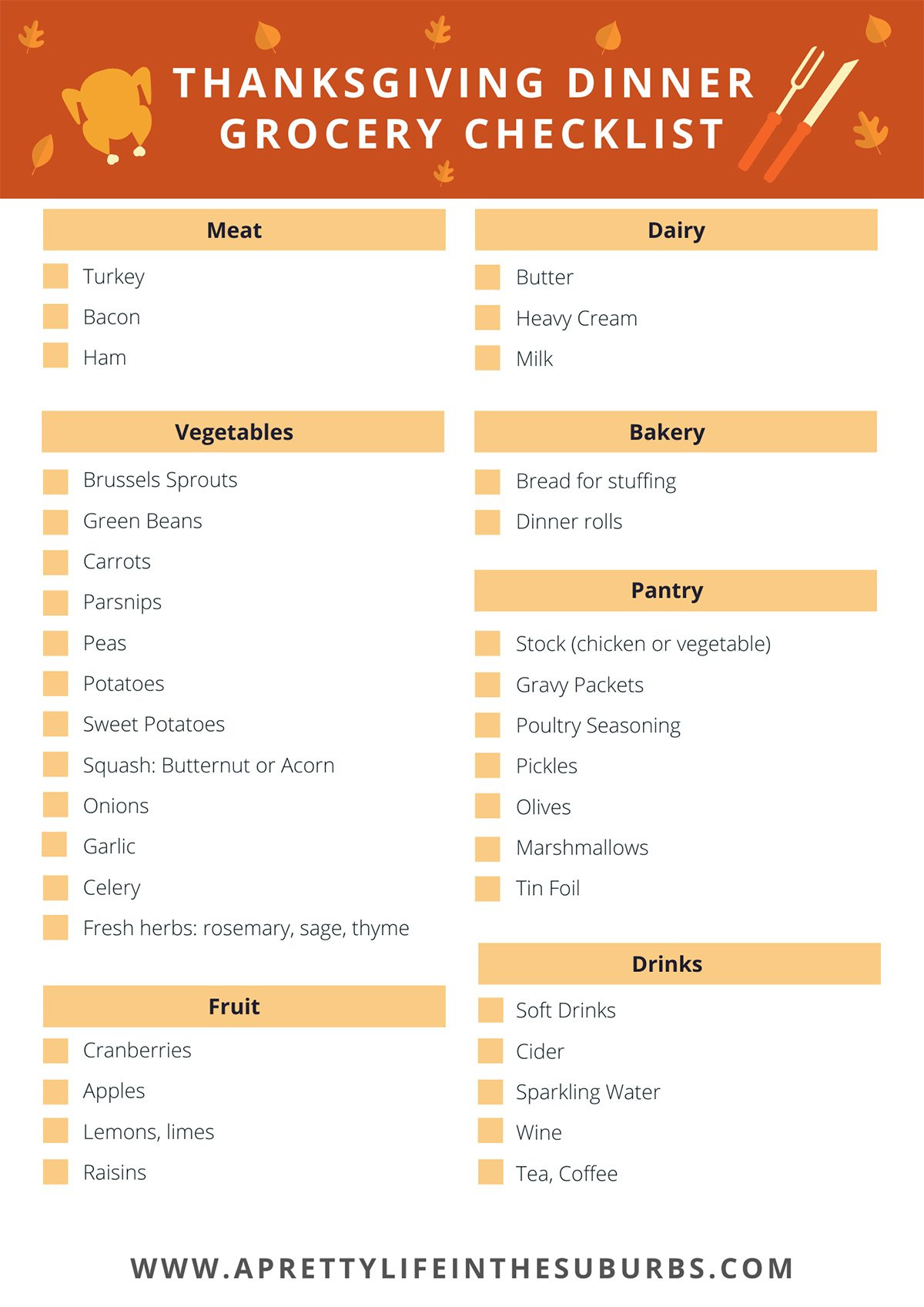 Thanksgiving Dinner Grocery Checklist - A Pretty Life In The Suburbs regarding Traditional Thanksgiving Dinner Menu Checklist Printable