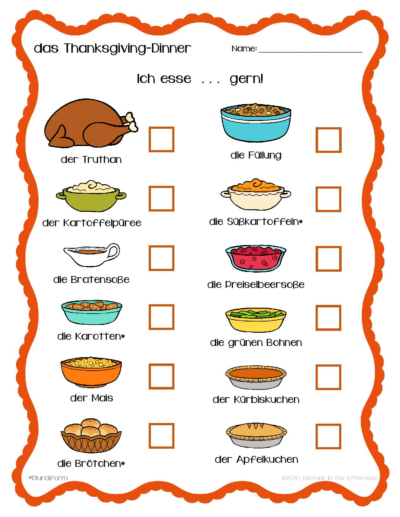 Thanksgiving-Dinner Umfrage / Survey | German In The Afternoon intended for Thanksgiving Meal Worksheet