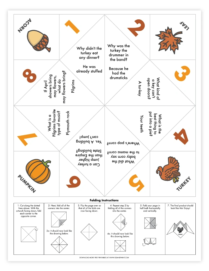 Thanksgiving Joke Cootie Catcher - Free Printable - Pjs And Paint intended for Thanksgiving Cootie Catcher Free Printable
