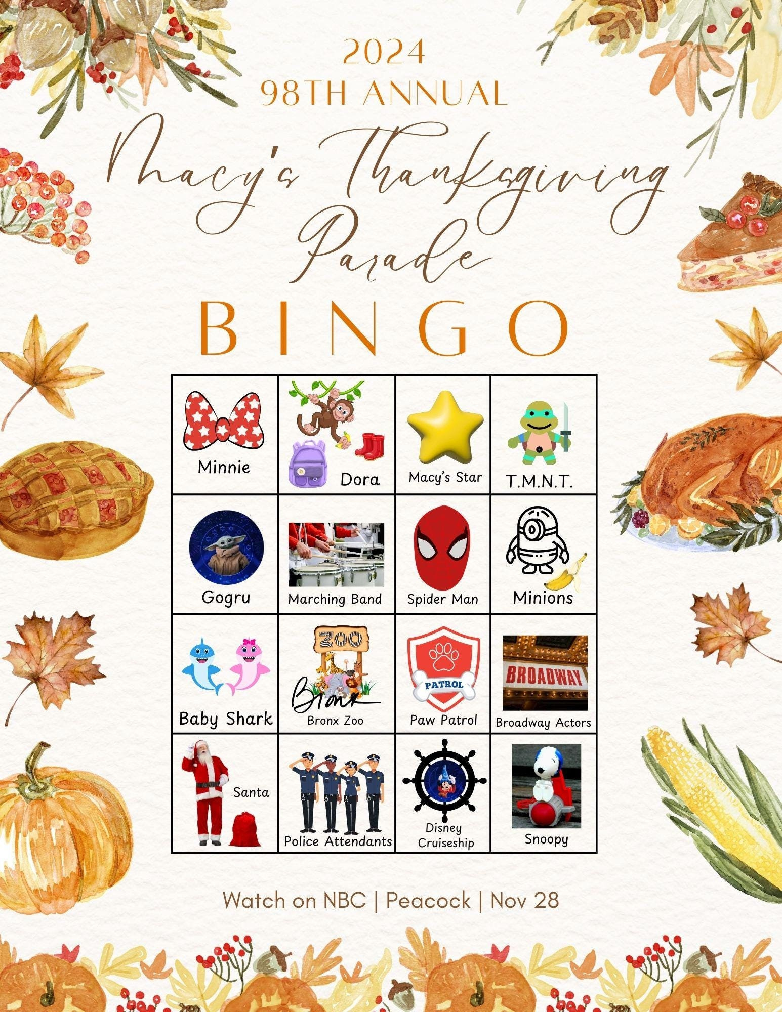 Thanksgiving Macy&amp;#039;S Parade Bingo Printable Kid&amp;#039;S Kinder Aktivität with regard to Thanksgiving Day Parade Bingo Printable
