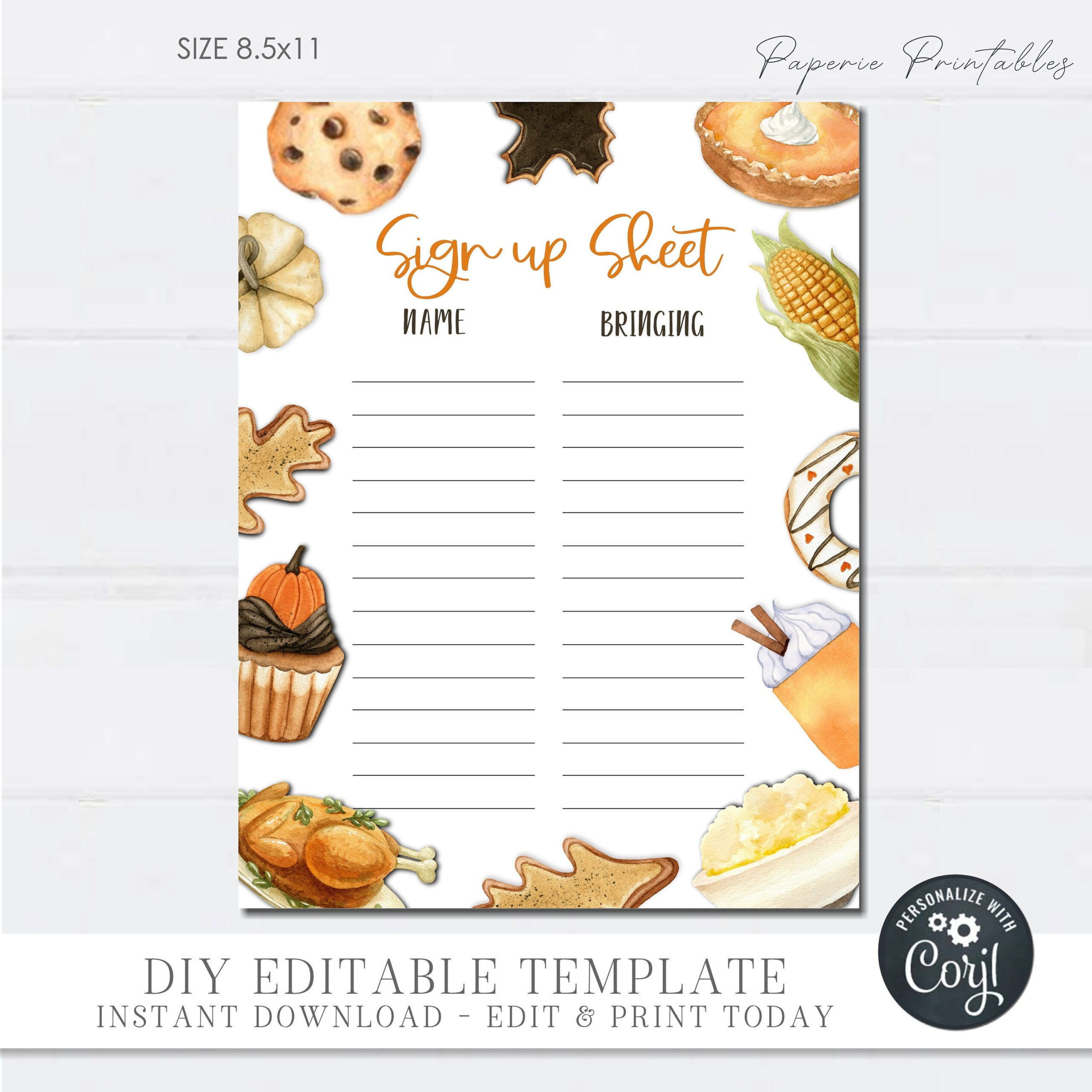 Thanksgiving Potluck Sign Up Sheet: Editable Diy Form (Digital with regard to Thanksgiving Potluck Menu Template