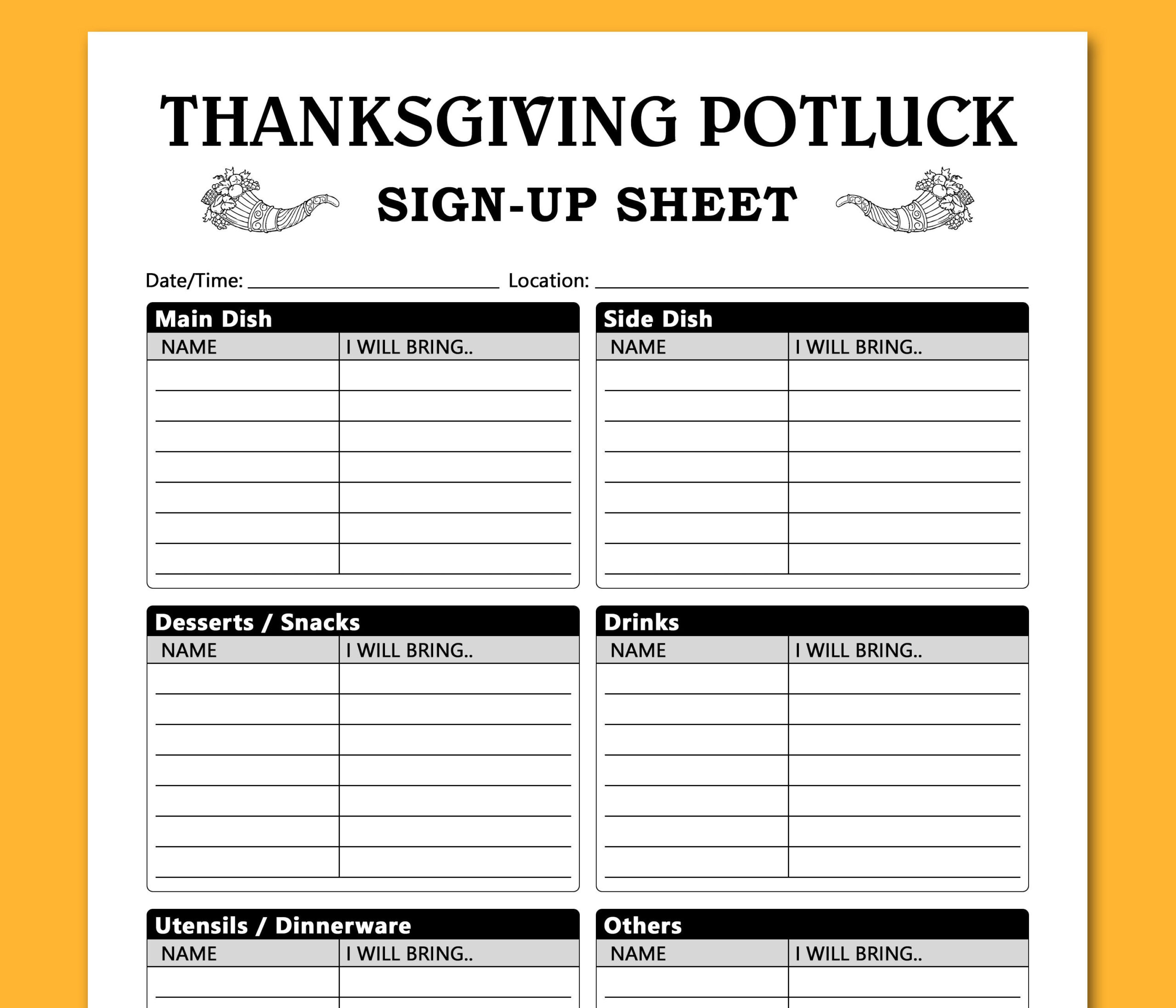 Thanksgiving Potluck Sign Up Sheet Printable Template, Potluck with regard to Thanksgiving Potluck Menu Template