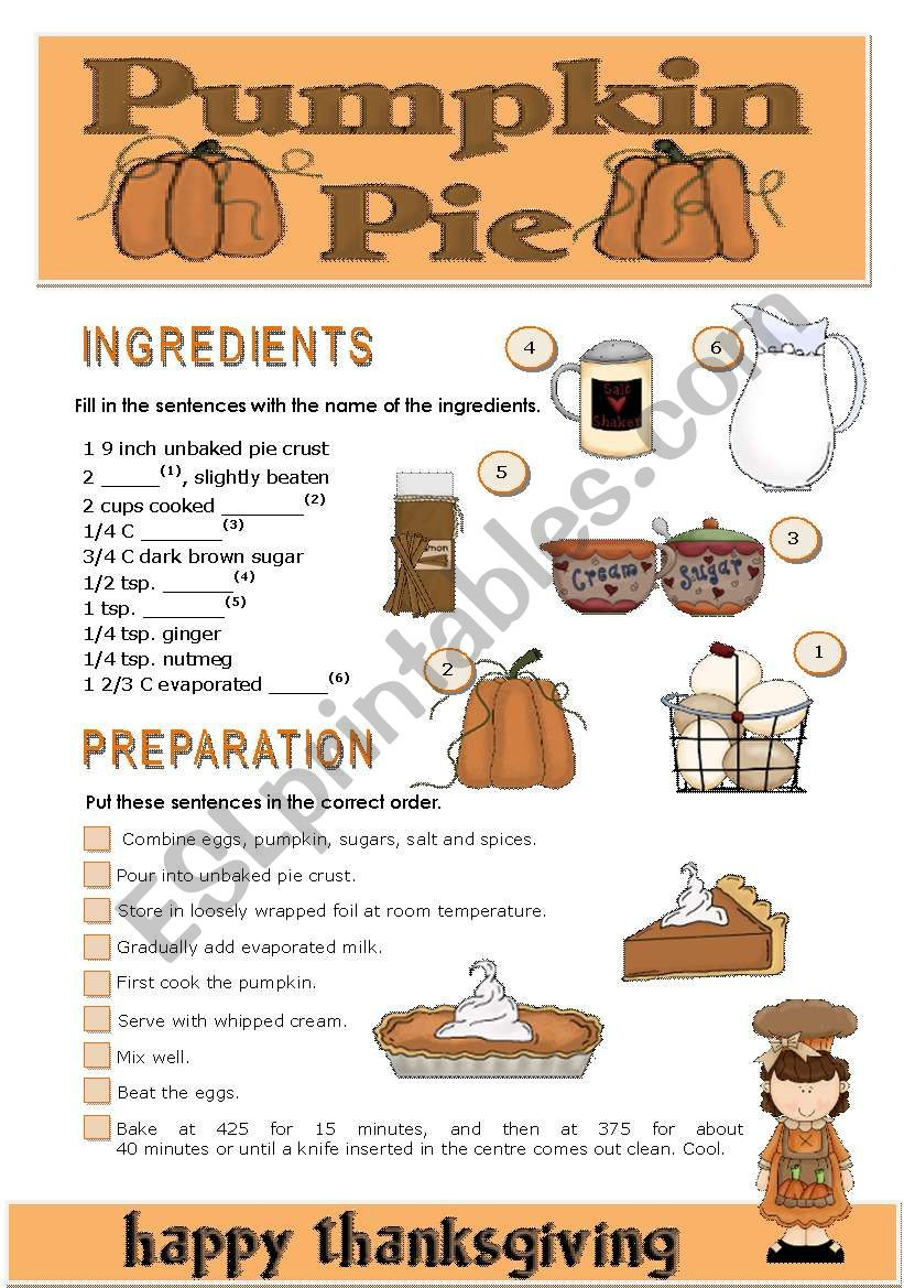 Thanksgiving Pumpkin Pie - Esl Worksheetteresaraiva with regard to Thanksgiving and the Pumpkin Pie Worksheet