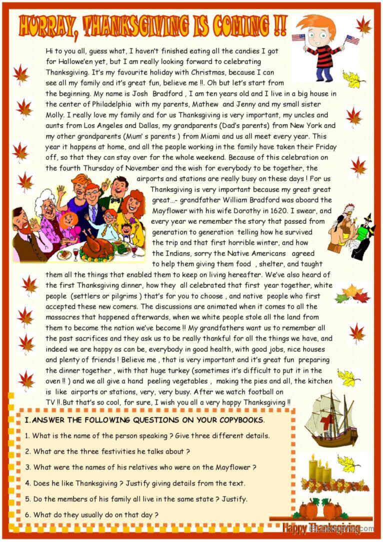 Thanksgiving : Reading Comprehension…: English Esl Worksheets Pdf intended for Thanksgiving Worksheets Reading Comprehension