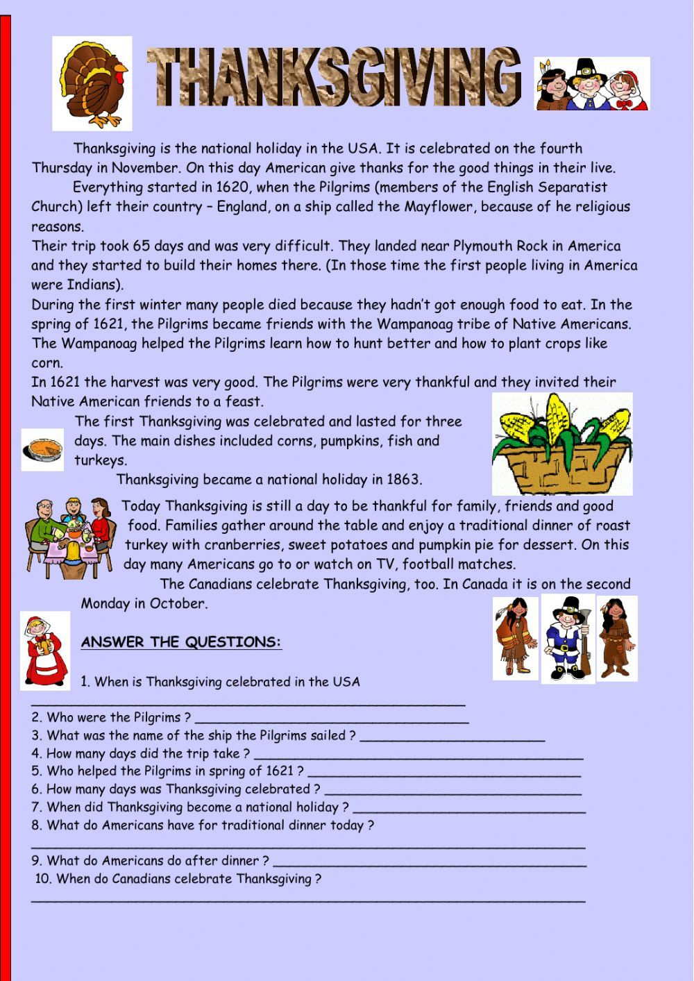 Thanksgiving Reading Comprehension Worksheet with Thanksgiving Reading Comprehension Worksheets