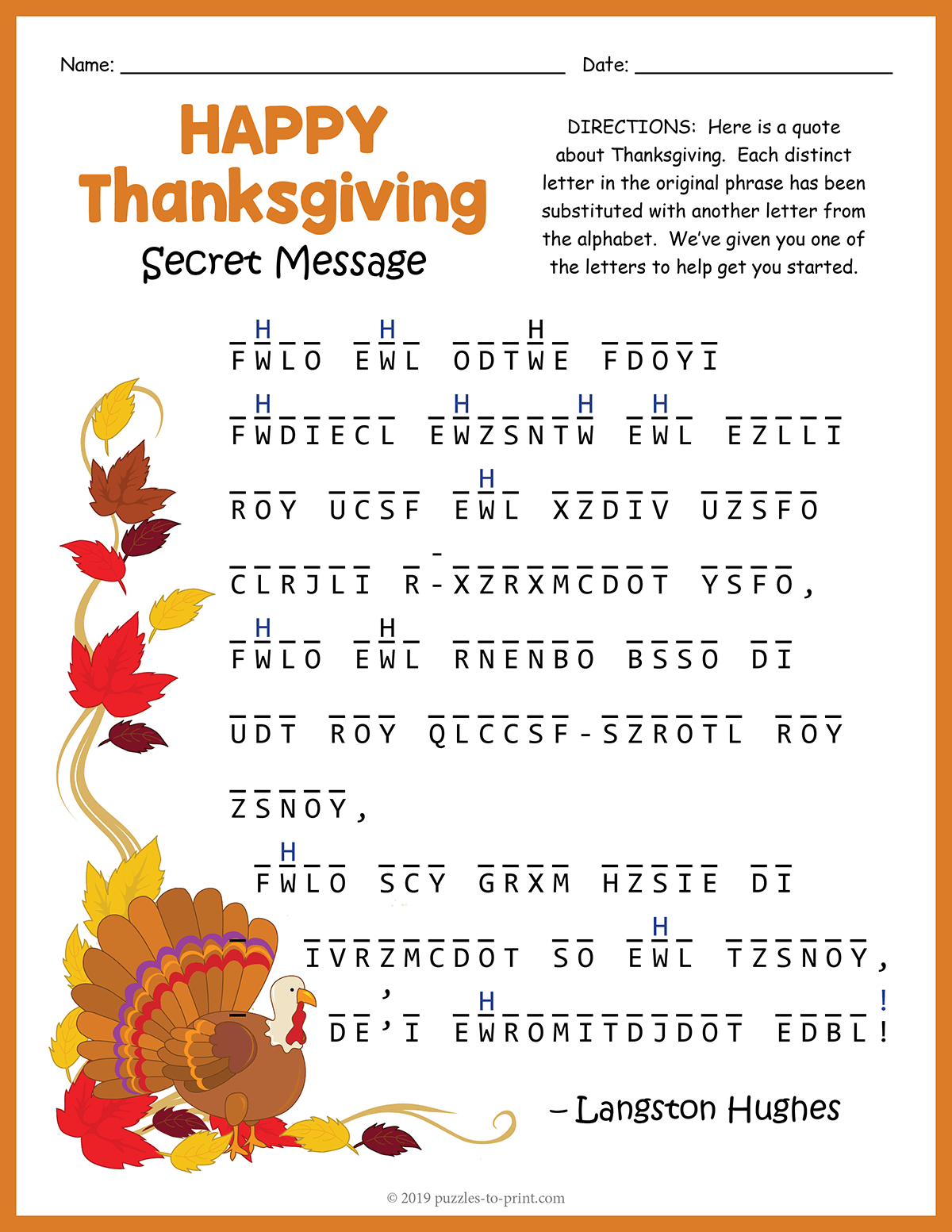 Thanksgiving Secret Message Puzzle with Langston Hughes Thanksgiving Poem