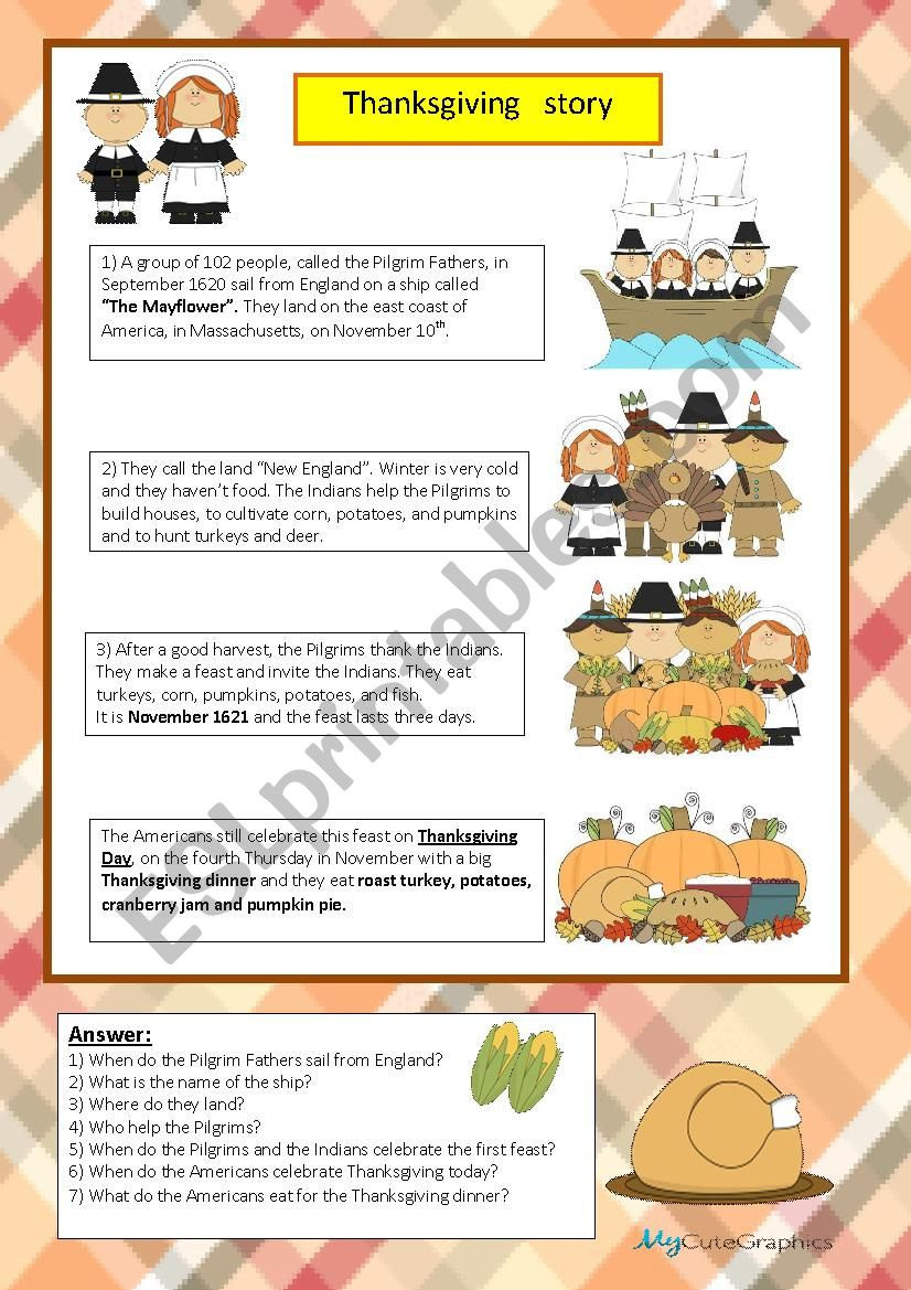 Thanksgiving Story - Esl Worksheetmaestralidia in Thanksgiving History Worksheet