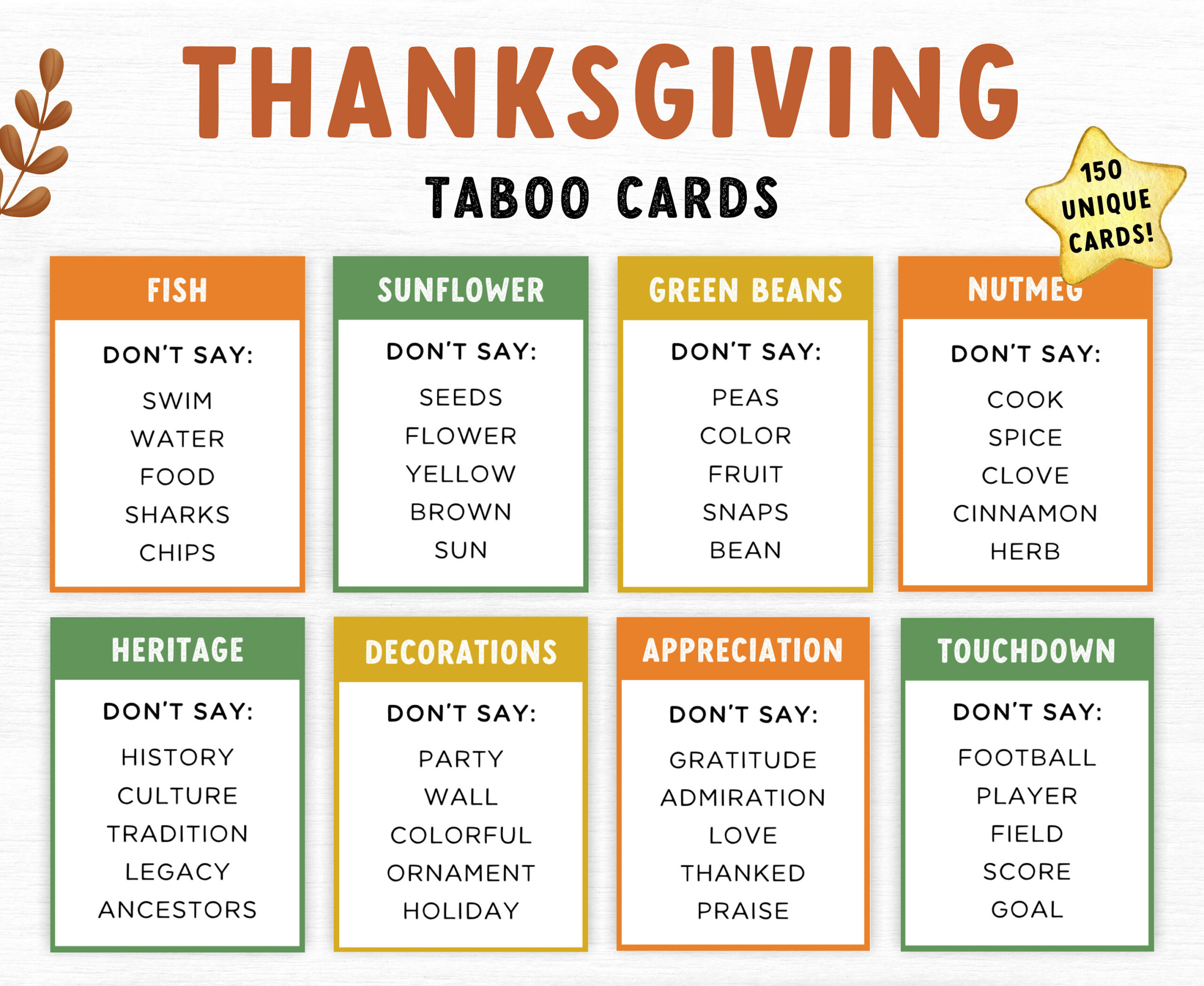 Thanksgiving Taboo Game Cards, Party Game, Printable Thanksgiving within Free Printable Thanksgiving Taboo Cards
