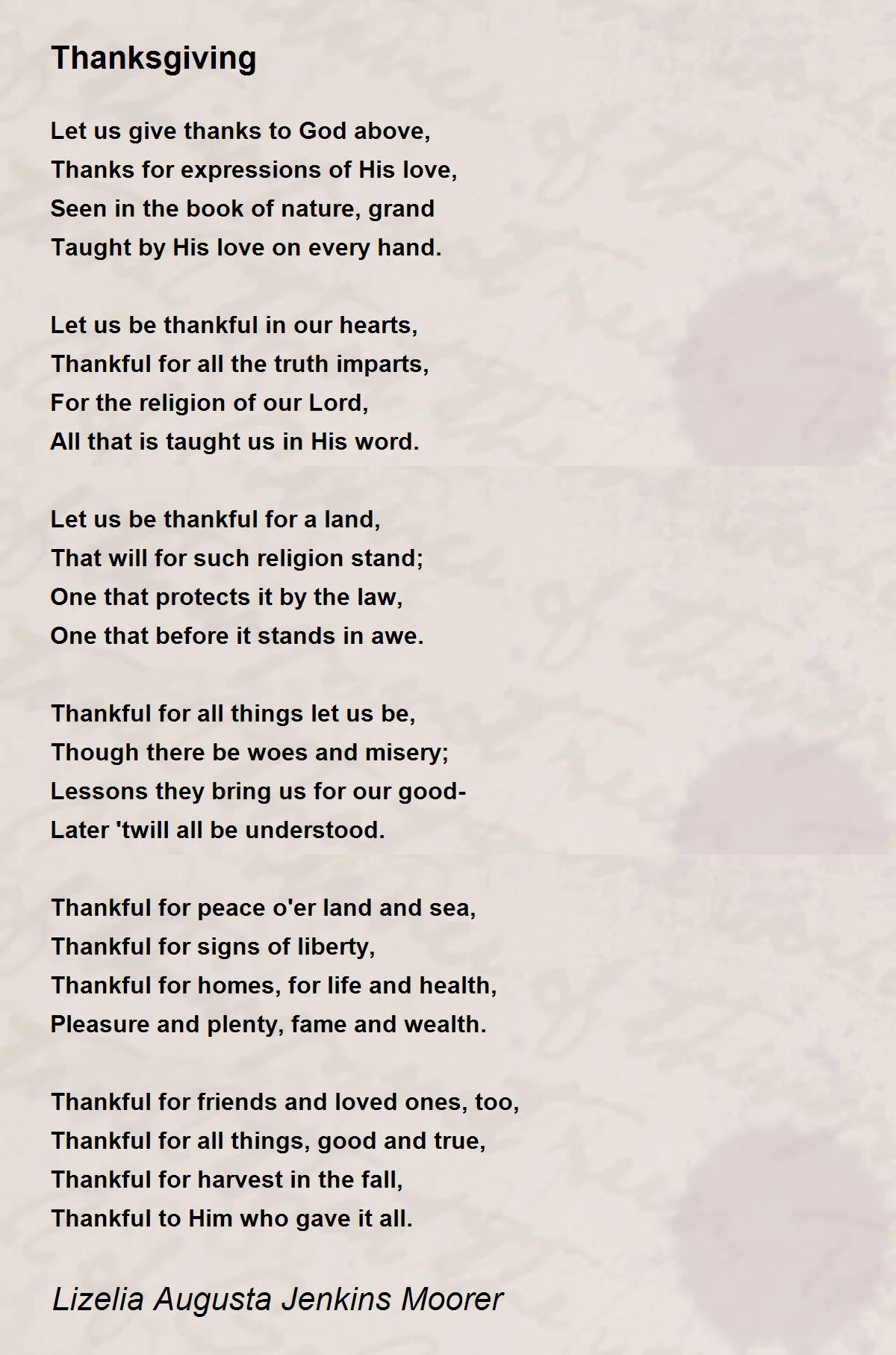 Thanksgiving - Thanksgiving Poemlizelia Augusta Jenkins Moorer for A Thanksgiving Poem To God