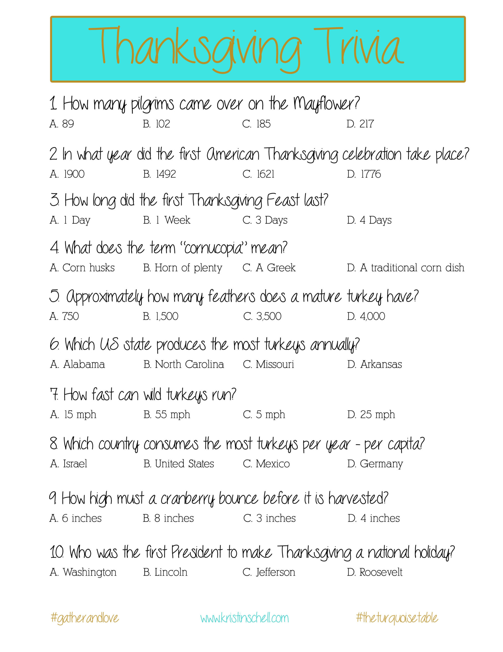 Thanksgiving Trivia {A Printable For Your Gathering} - The for Thanksgiving Trivia Multiple Choice Printable