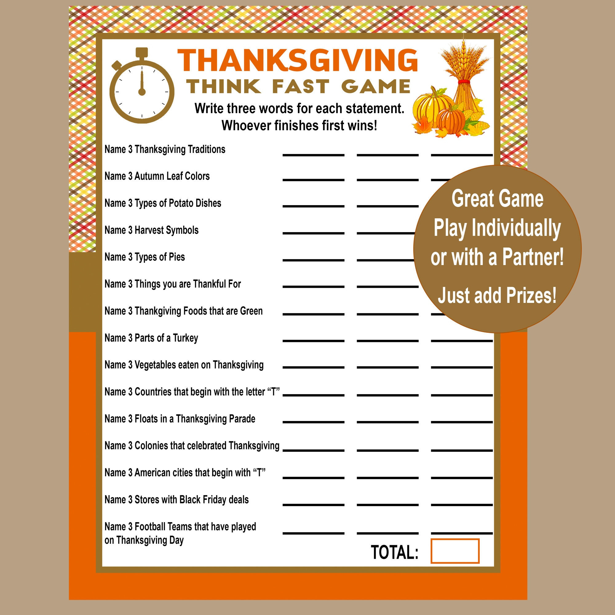 Thanksgiving Trivia Game, Think Fast Game, Thanksgiving Printable Games,  Fun Friendsgiving Game, Zoom Game, Family Game, Instant Download intended for Thanksgiving Activities For Adults Printable