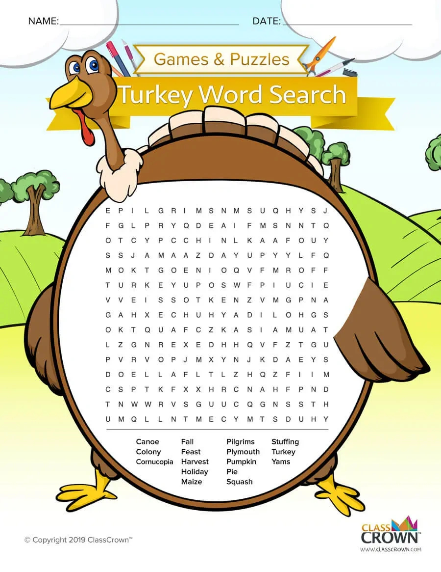 Thanksgiving Turkey Word Search - Puzzles | Classcrown within Turkey Word Search Printable