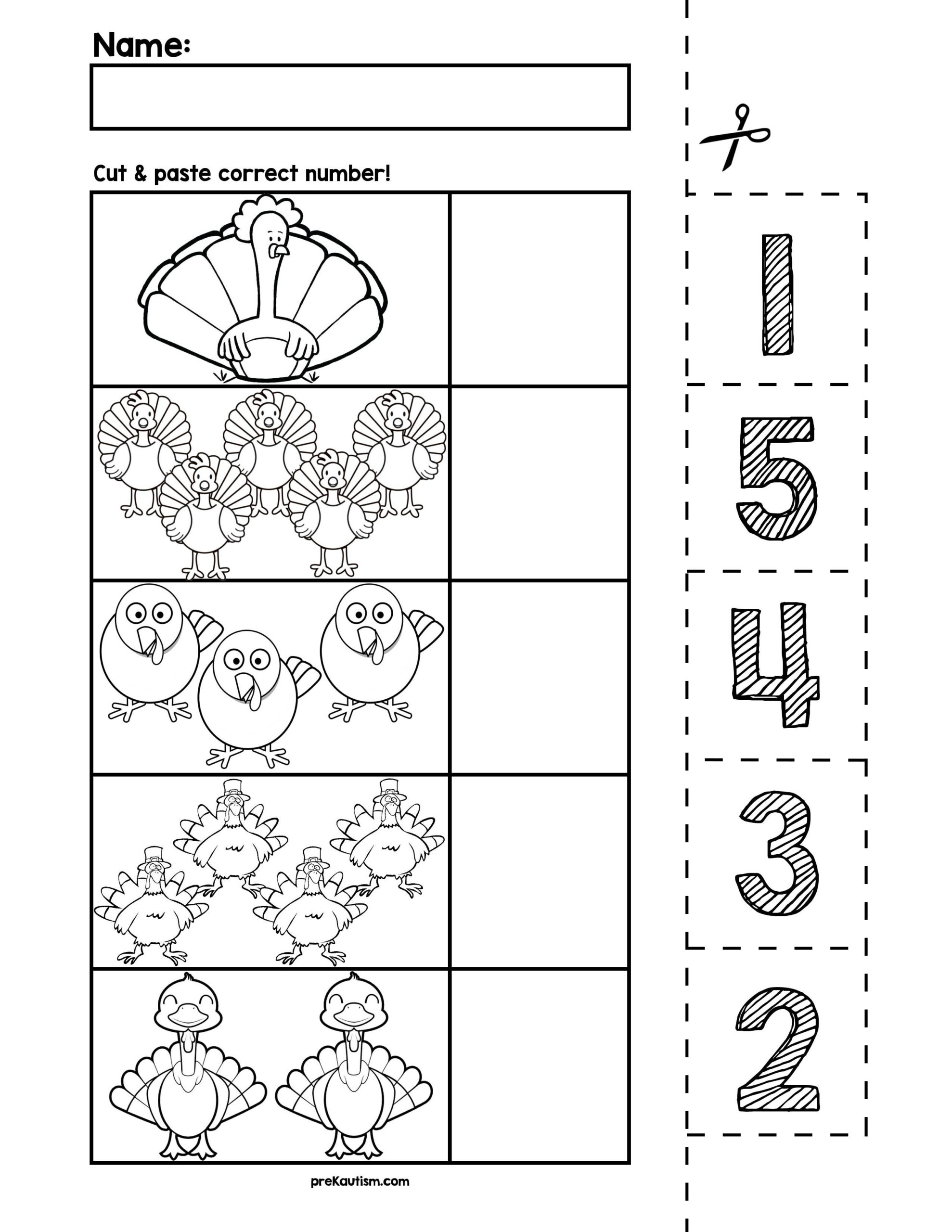Thanksgiving Turkeys Cut &amp;amp; Match Worksheets | Numbers 1-5 with Thanksgiving Integer Worksheet