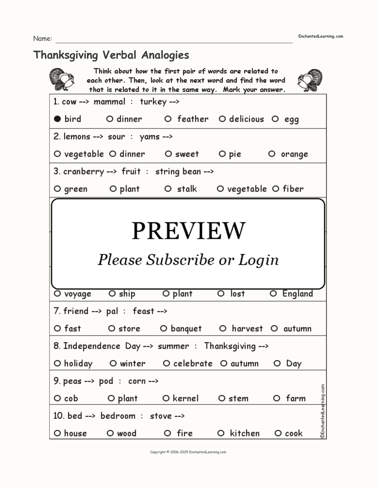 Thanksgiving Verbal Analogies - Enchanted Learning intended for Thanksgiving Analogies Worksheet Answer Key
