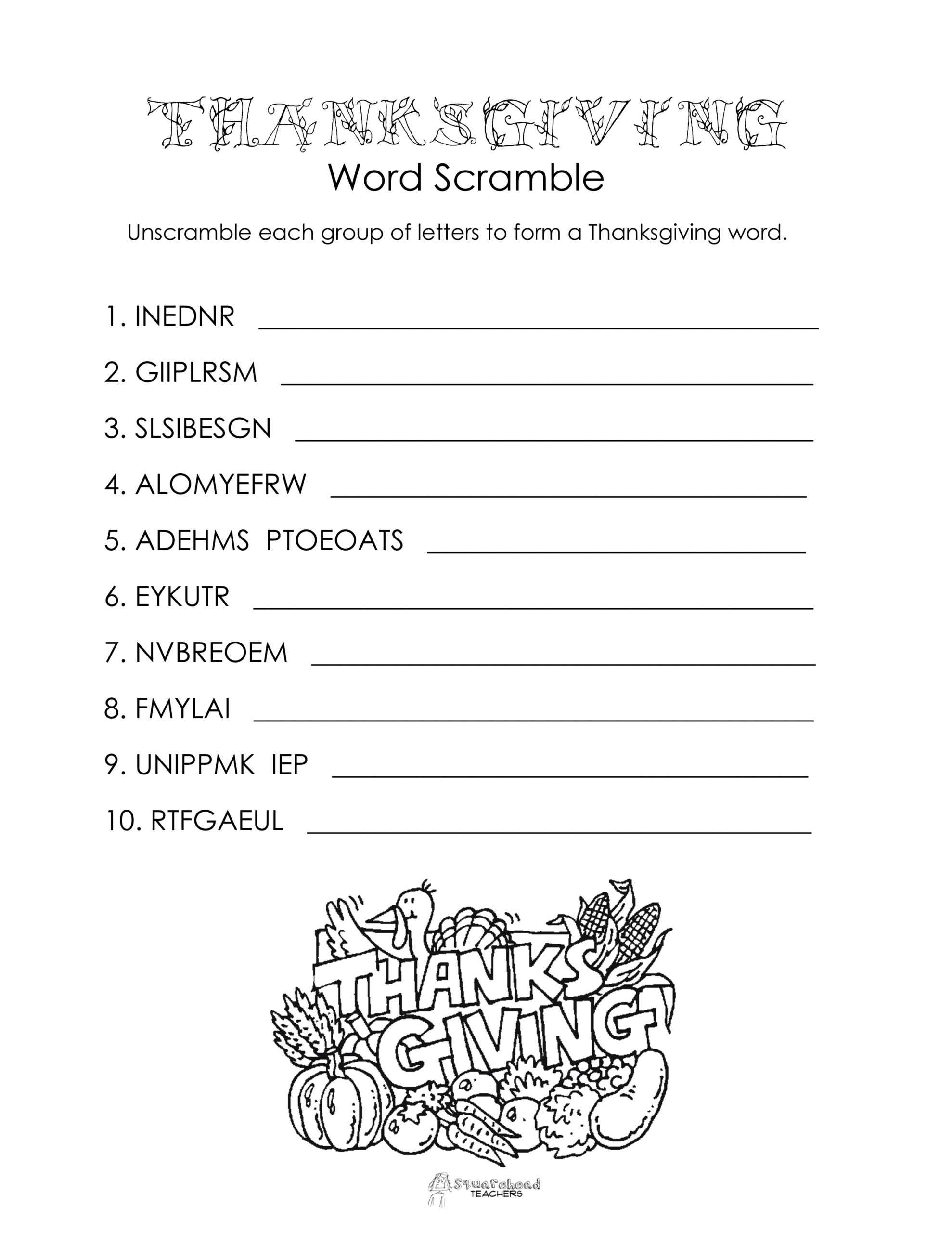 Thanksgiving Word Scramble (Free Worksheet) | Squarehead Teachers intended for Thanksgiving Word Scramble Worksheet