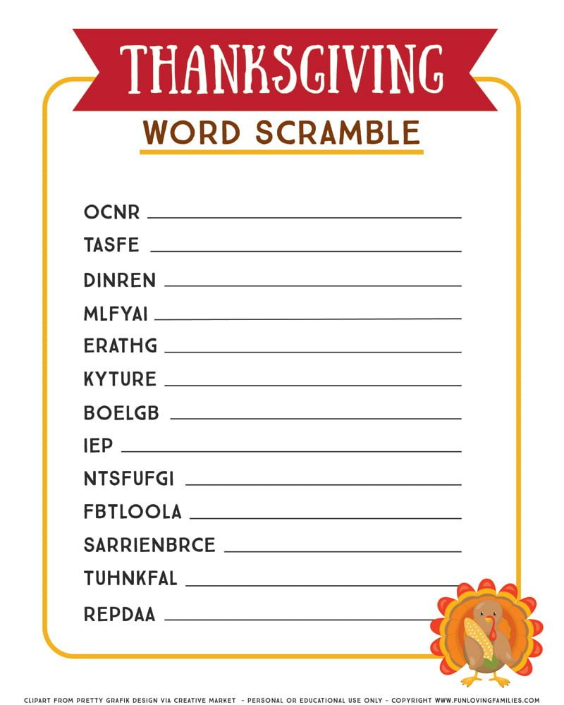 Thanksgiving Word Scramble: Printable Activity For Kids - Fun with Thanksgiving Word Scramble Printable