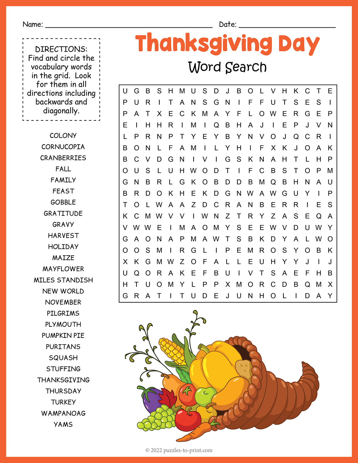 Thanksgiving Word Search intended for Free Thanksgiving Puzzles Printable