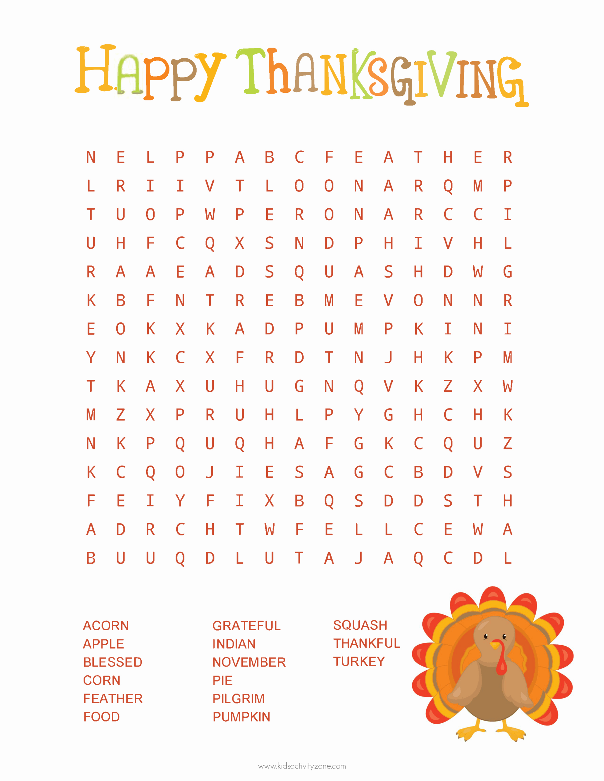 Thanksgiving Word Search - Kids Activity Zone in Printable Thanksgiving Word Search
