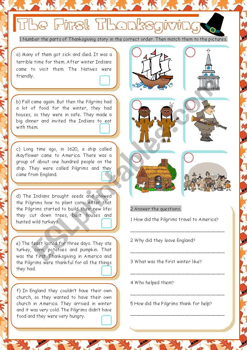 The First Thanksgiving - Esl Worksheetkissnetothedit throughout The History of Thanksgiving Worksheet Answers
