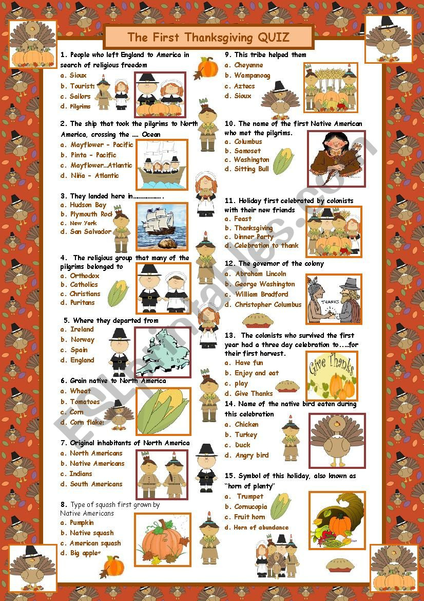 The First Thanksgiving Quiz (With Answers) - Esl Worksheetmaguyre regarding The History of Thanksgiving Worksheet Answers