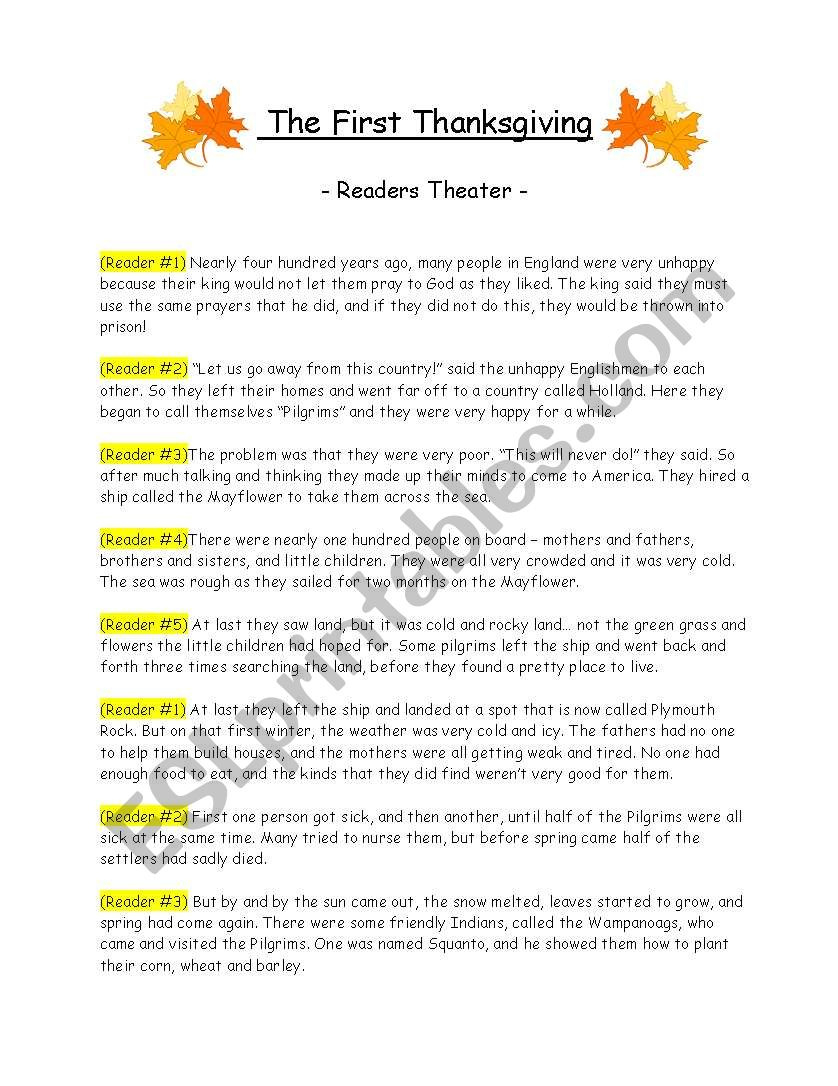 The First Thanksgiving Readers Theater - Esl Worksheetemily with Free Printable Thanksgiving Skits
