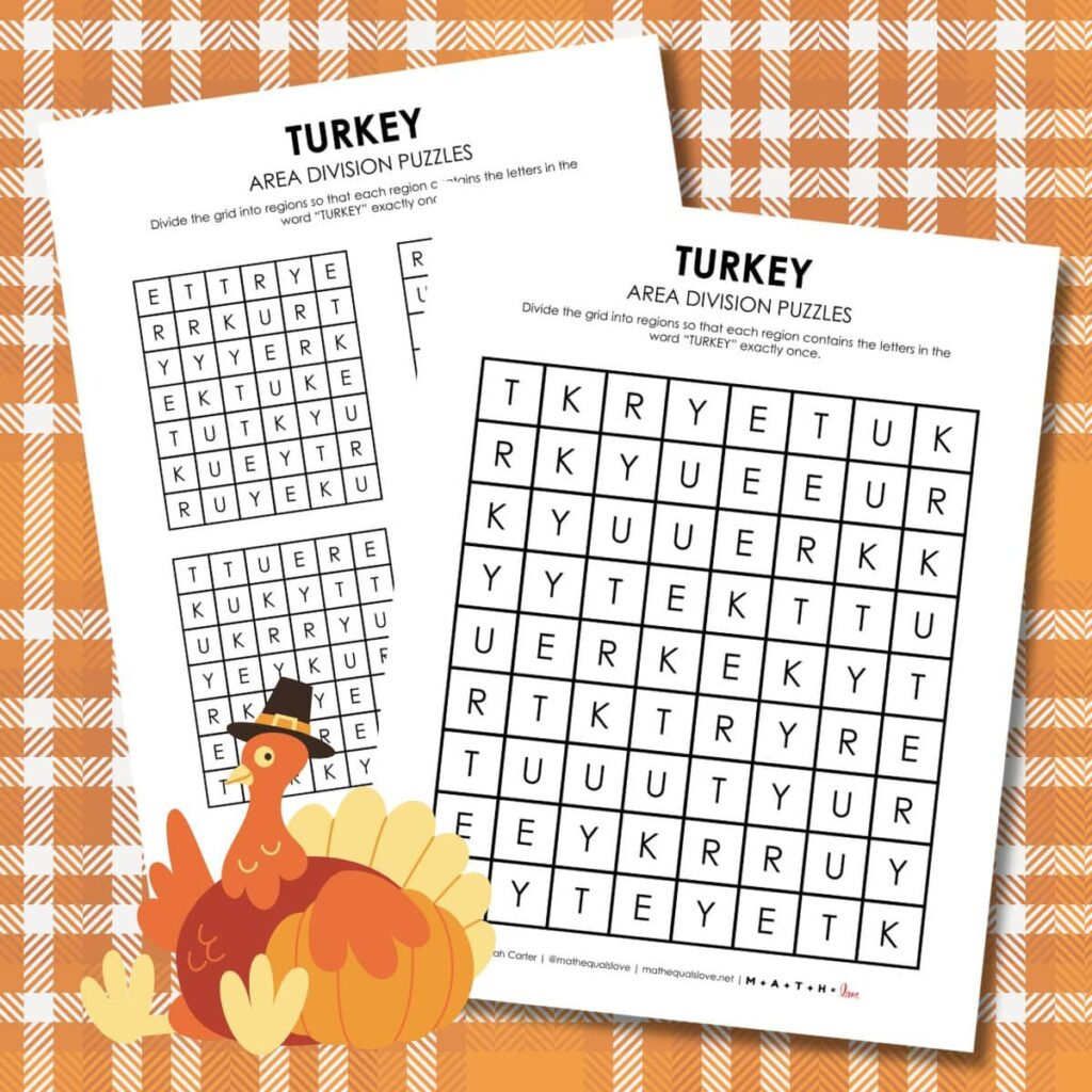 Turkey Area Division Logic Puzzles | Math = Love intended for Thanksgiving Logic Puzzle Printable