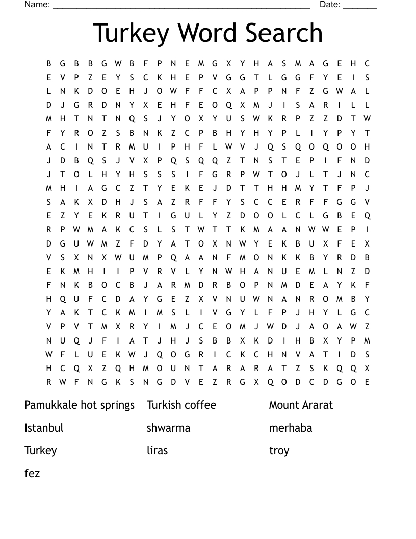 Turkey Word Find Word Search - Wordmint throughout Turkey Word Search Printable