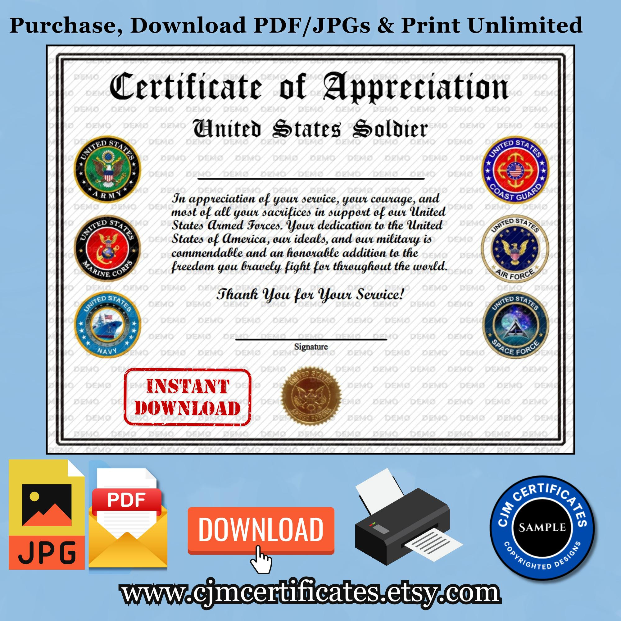 Us Soldier Appreciation Certificate 3Ac-Instant Download-Unlimited in Downloadable Sample Veterans Day Certificates Free Printables