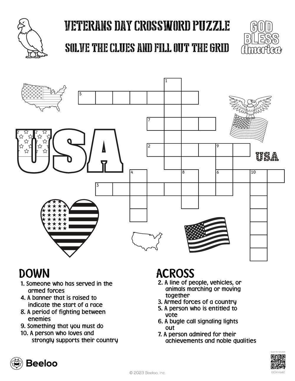 Veterans Day Crossword Puzzle • Beeloo Printable Crafts And regarding Veterans Day Free Printable Activities