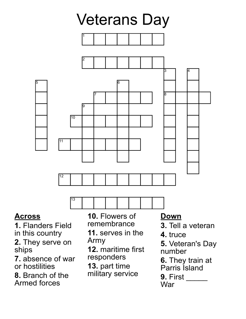 Veterans Day Crossword - Wordmint throughout Veterans Day Crossword Puzzle Printable