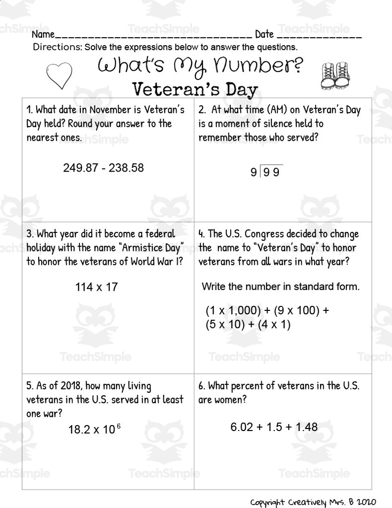 Veteran&amp;#039;S Day Math Trivia Worksheetteach Simple with Free Printable Veterans Day Math Worksheets