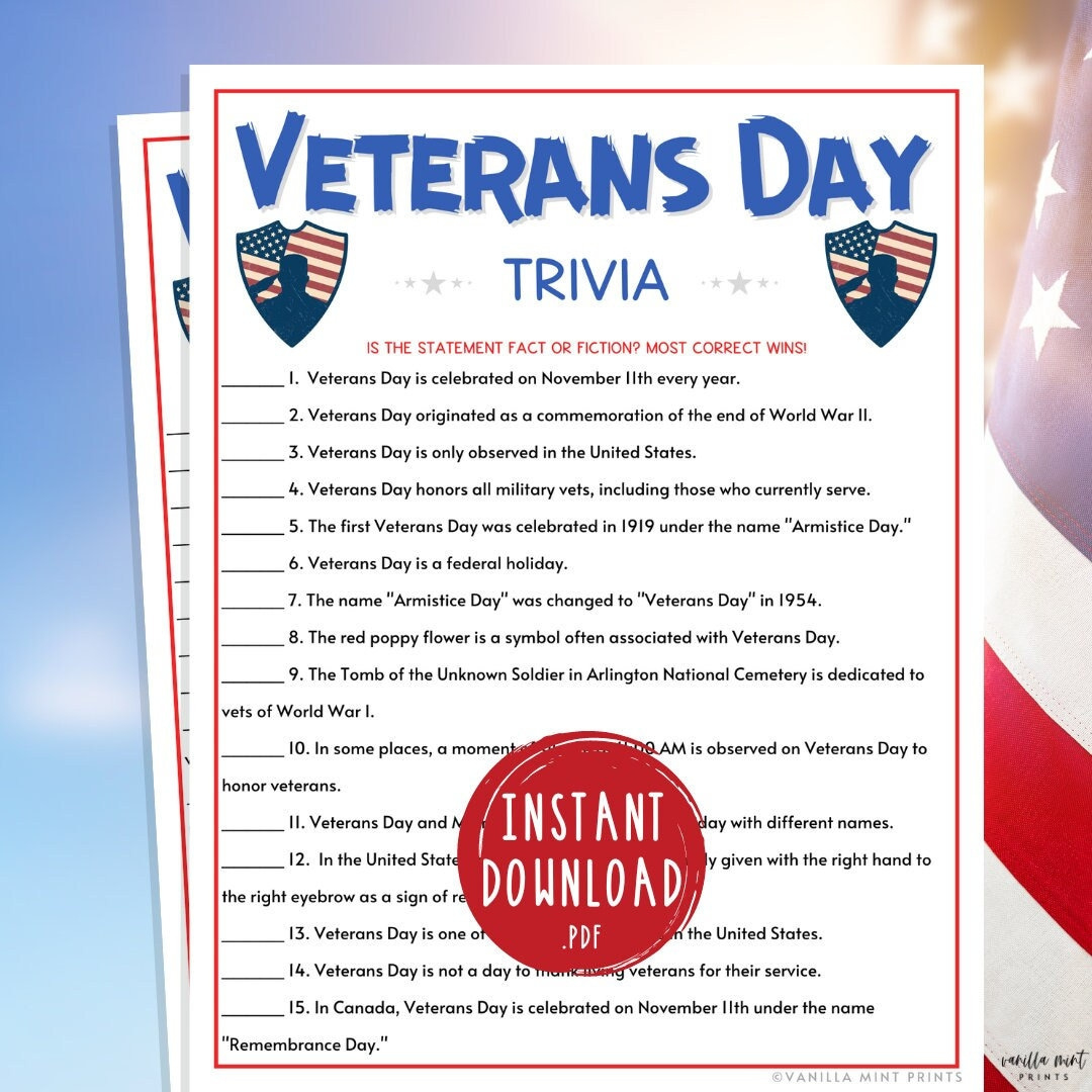 Veterans Day Quiz Spiel | Druckbare Veterans Day Party Spiele pertaining to Printable Veterans Day Trivia For Seniors