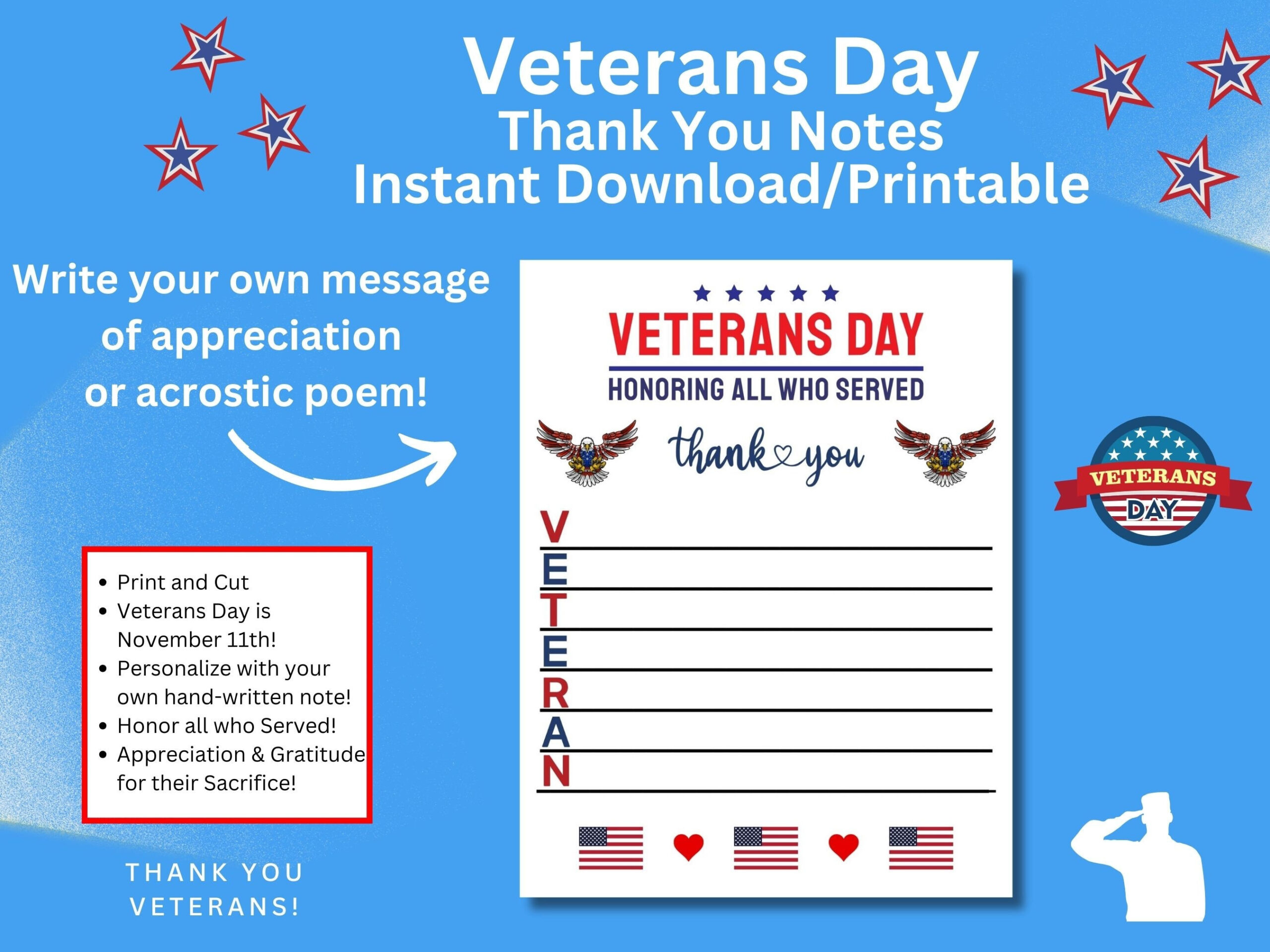 Veterans Day Thank You Notes, Personalized Message, Acrostic Poem with An Acrostic Poem For Veterans Day