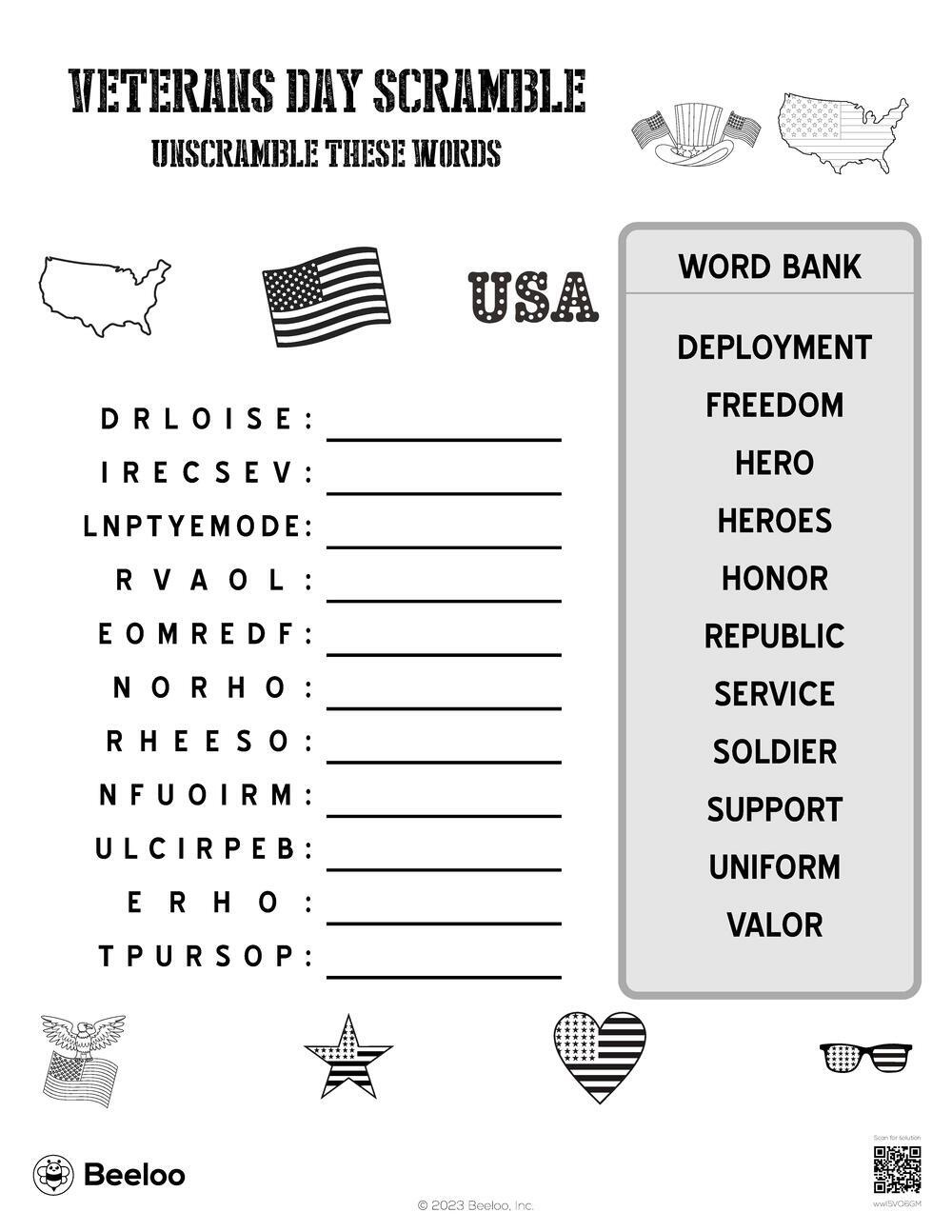 Veterans Day-Themed Word Scrambles • Beeloo Printable Crafts And within Veterans Day Word Scramble Printable