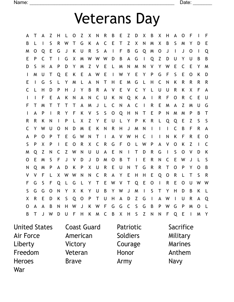 Veterans Day Word Search - Wordmint throughout Free Veterans Day Word Search Printables