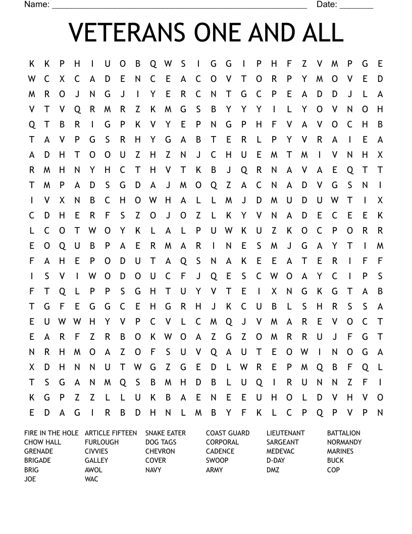 Veterans One And All Word Search - Wordmint inside Veterans Word Search Printable