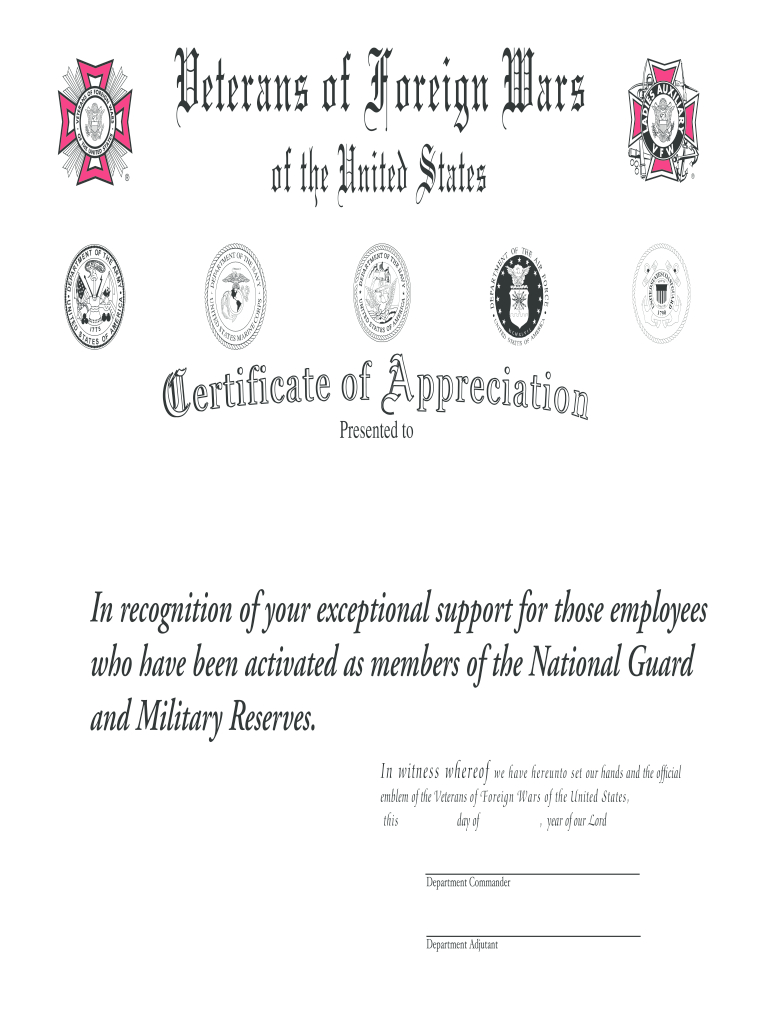 Vfw Certificate Of Appreciation Form - Fill Online, Printable regarding Free Printable Veterans Certificate Of Appreciation