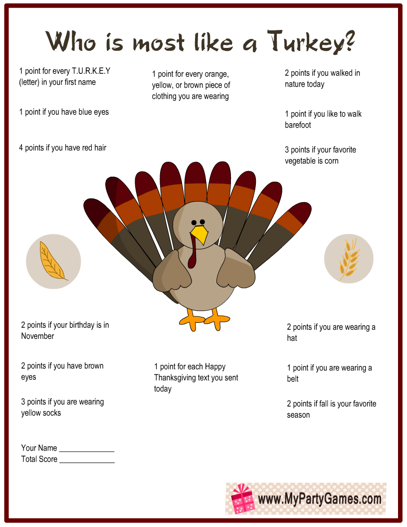 Who Is Most Like A Turkey? Free Printable Thanksgiving Game regarding Who Is Most Like a Turkey Game Free Printable