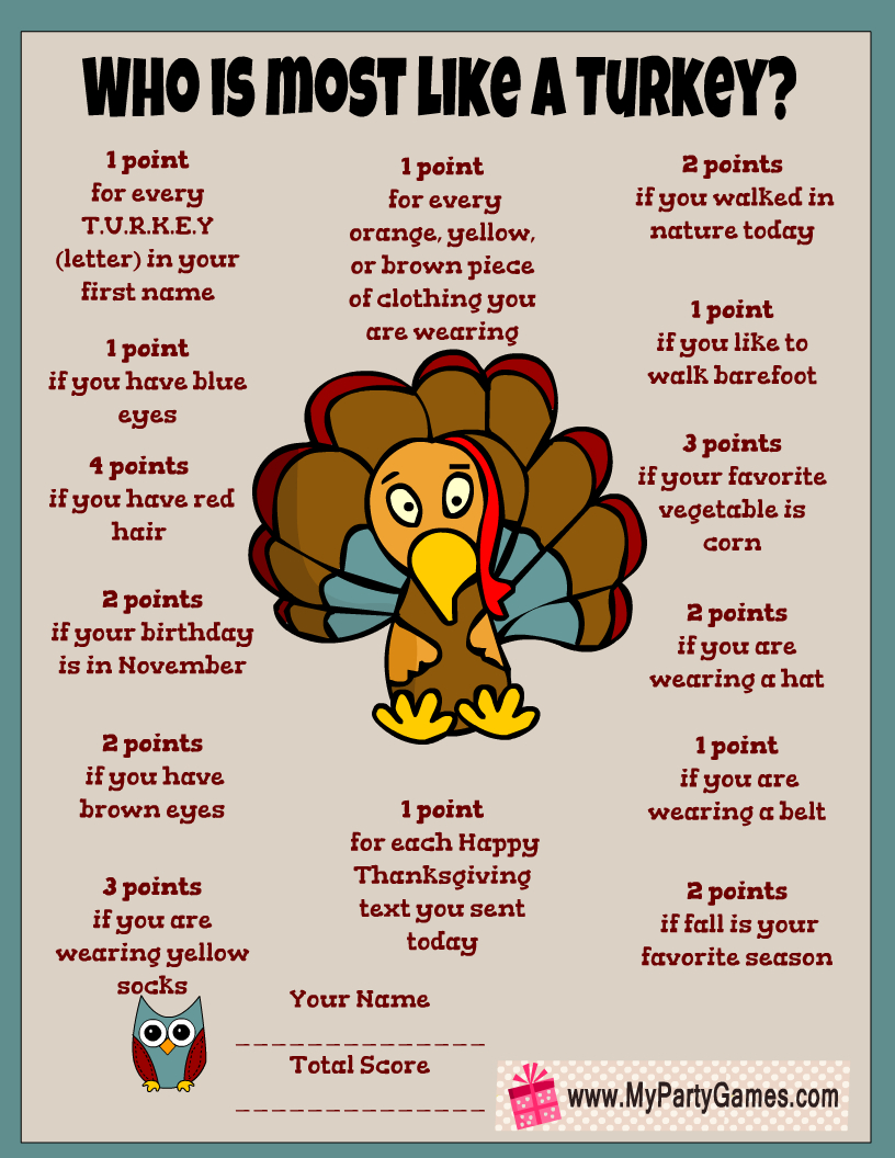 Who Is Most Like A Turkey Game | Thanksgiving Family Games regarding Who Is Most Like a Turkey Game Free Printable