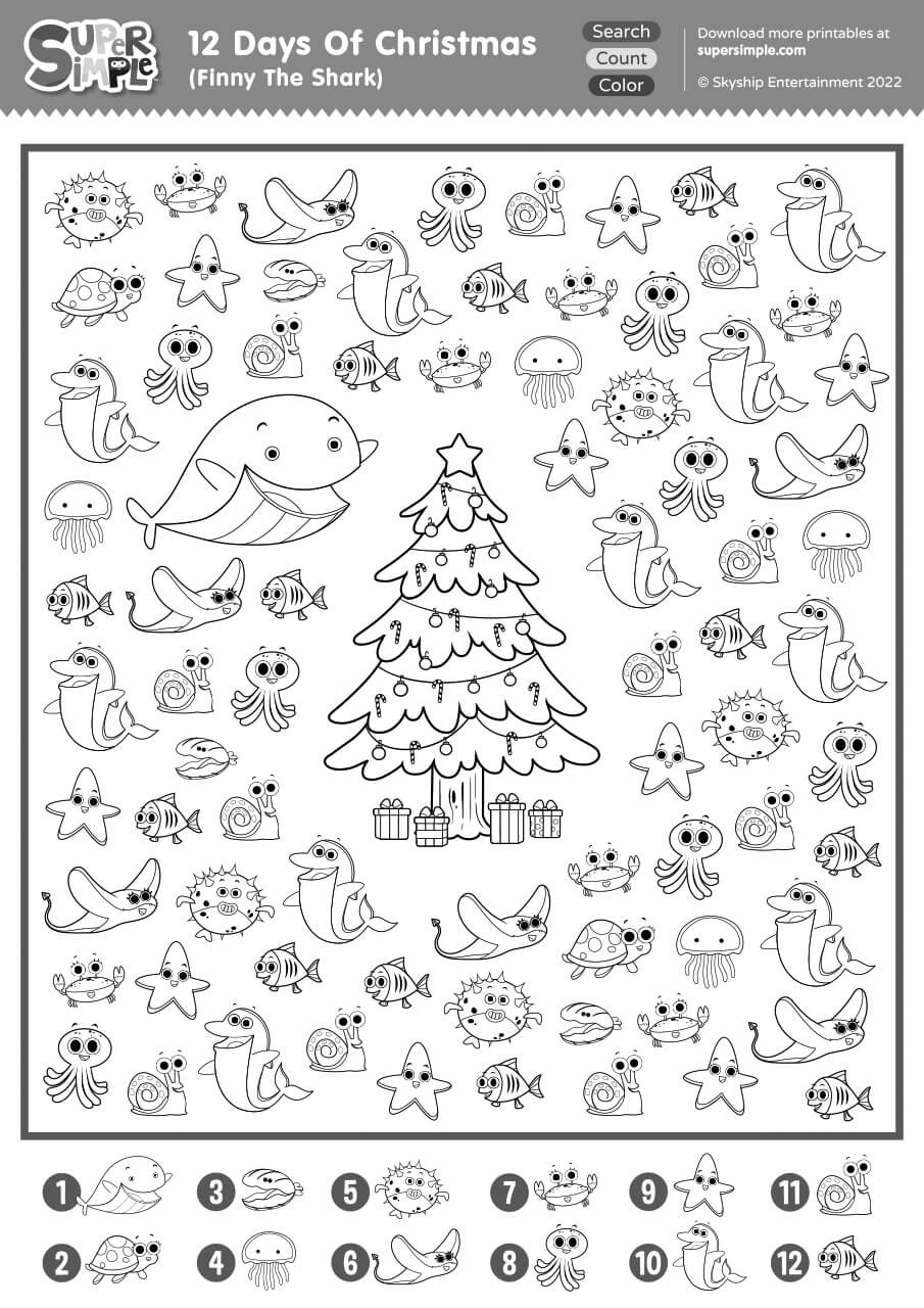 12 Days Of Christmas (Finny The Shark) - Search, Count, & Color in Twelve Days of Christmas Worksheets