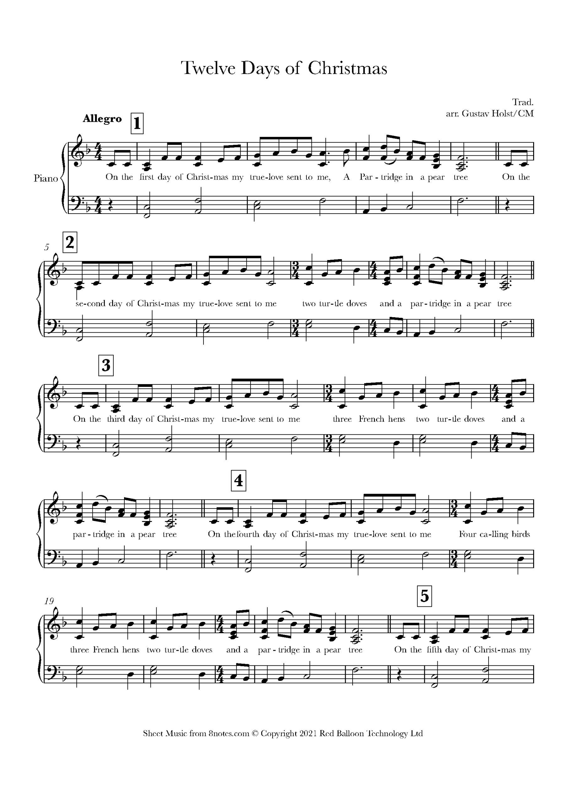 12 Days Of Christmas For Piano - Free Sheet Music For Piano regarding Free Printable 12 Days Of Christmas Sheet Music
