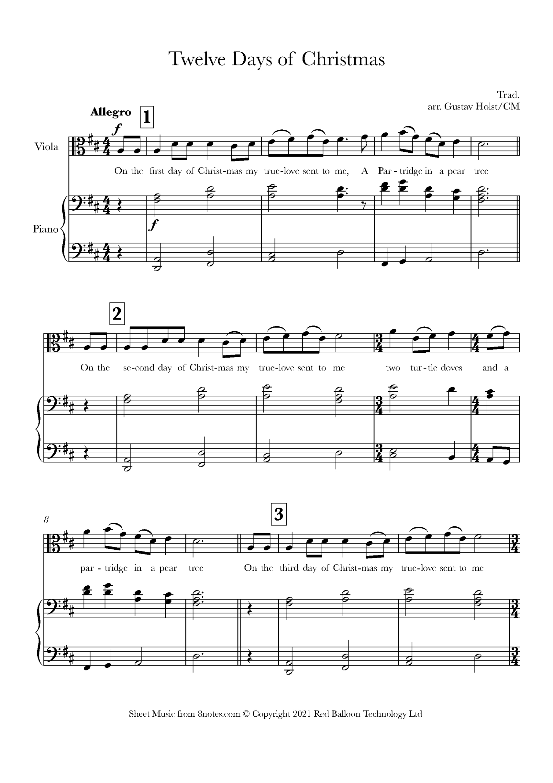 12 Days Of Christmas For Viola - Free Sheet Music For Viola intended for Free Printable 12 Days Of Christmas Sheet Music