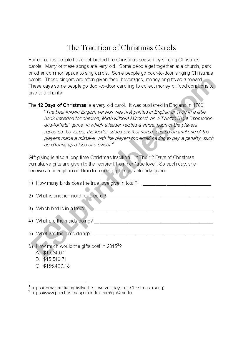 12 Days Of Christmas (History And Worksheet) - Esl Worksheet pertaining to 12 Days Of Christmas Cost Worksheets