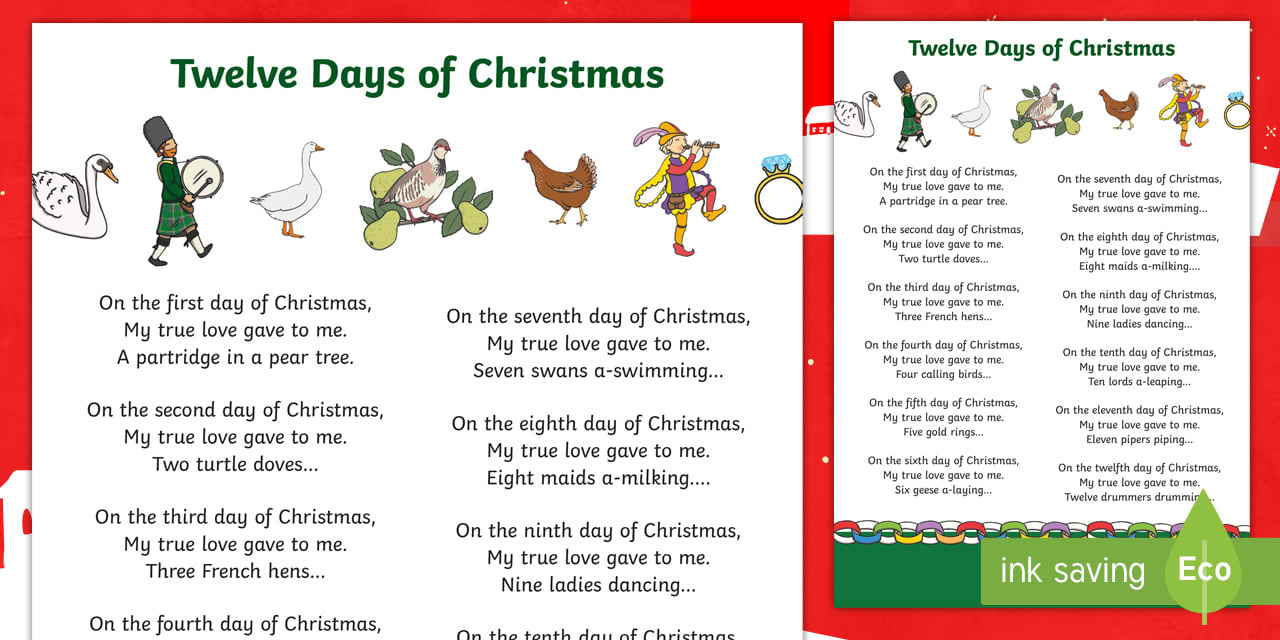 12 Days Of Christmas Lyrics Printable Song Lyrics in Words To Twelve Days Of Christmas Printable