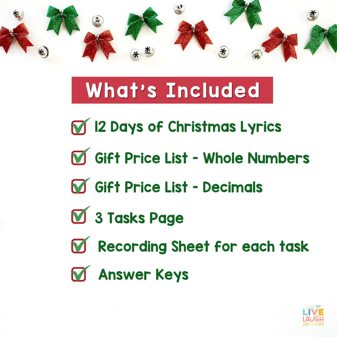 12 Days Of Christmas Math Project: Adding Decimals & Whole Numbers with 12 Days Of Christmas Cost Worksheets