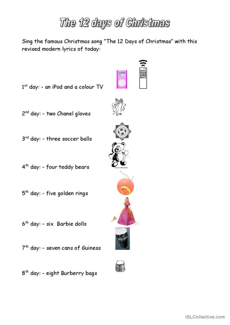 12 Days Of Christmas Song And Nurser…: English Esl Worksheets Pdf regarding The 12 Days of Christmas Worksheet