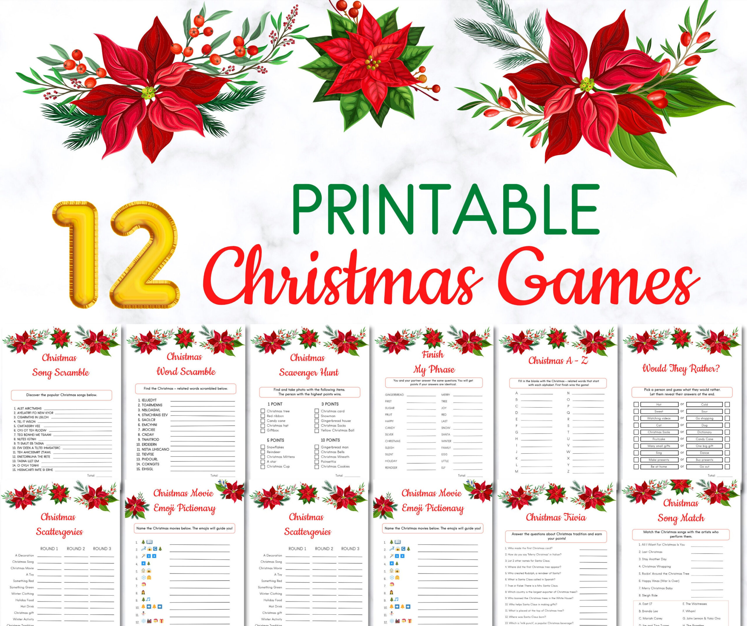 12 Printable Christmas Game Bundle, Christmas Party Games For Kids with Printable Office Christmas Games