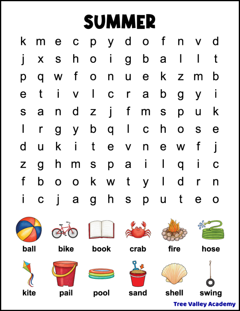 1St Grade Summer Word Search - Tree Valley Academy in Summer Holiday Word Search Printable Free